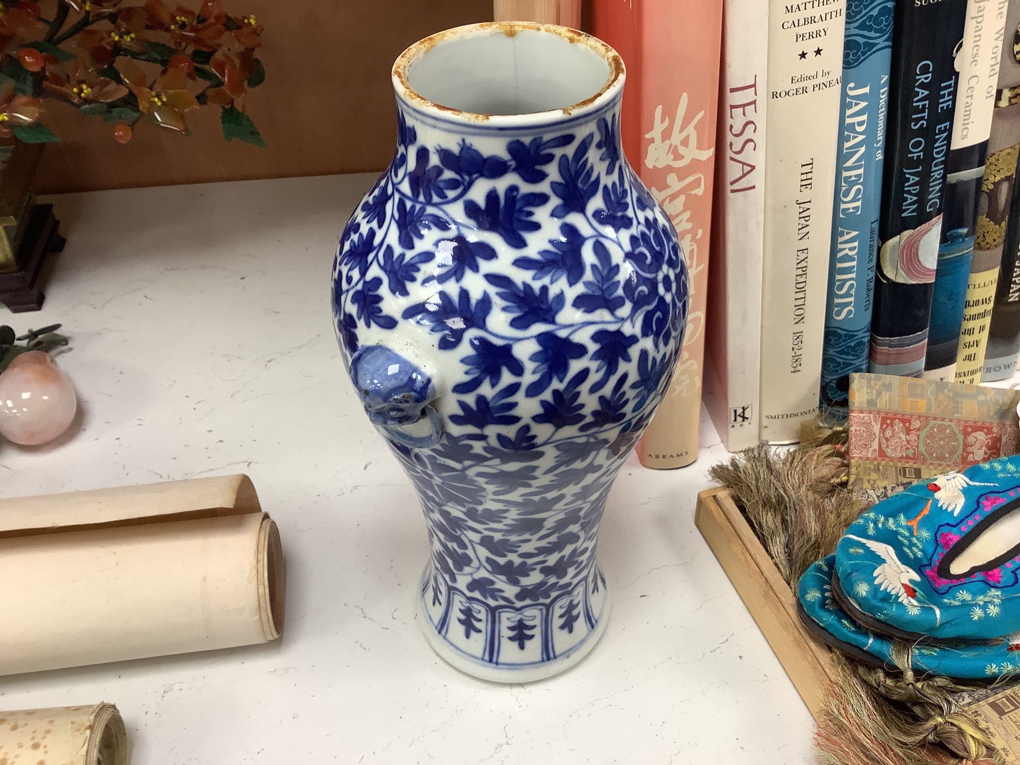 A 19th century Chinese blue and white vase, a similar crackle glaze vase and a powder blue jar, mounted as a lamp, tallest 32cm